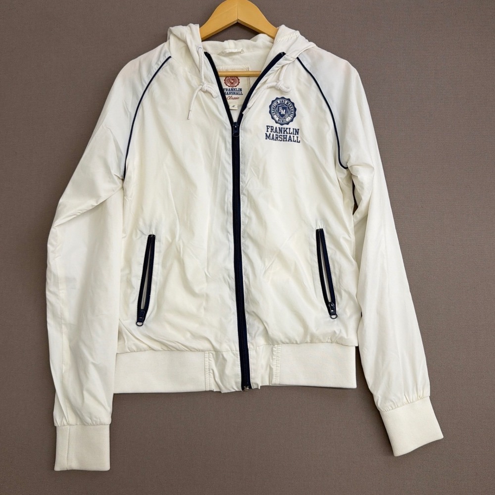 Franklin Marshall Classic Mens White Hooded Windbreaker Jacket Size M Navy Logo